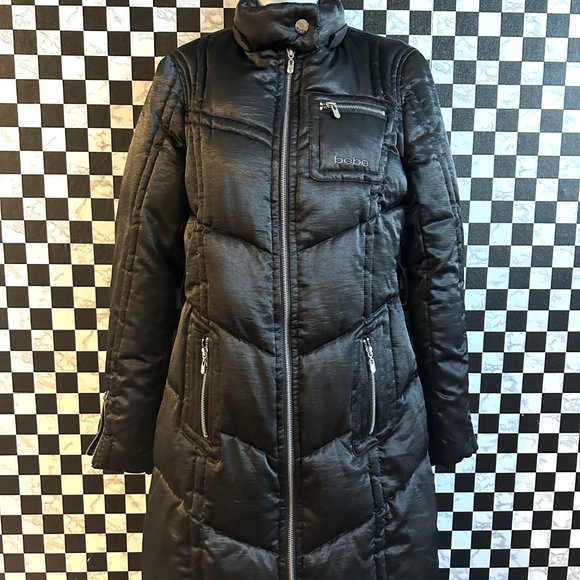 BEBE Long Black Satin Down Puffer Coat SIZE SM - Picture 10 of 10